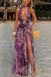 Deep V Leopard Halter Backless Maxi Dress