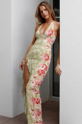 Floral Print Halter Backless Ruffle Maxi Dress