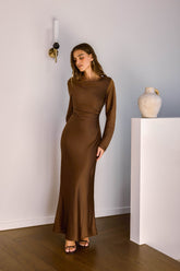 Cross The Skies Satin Long Sleeve Maxi Dress Brown