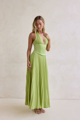 Paradise Falls Plisse Halter Maxi Dress Lime Green
