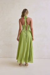 Paradise Falls Plisse Halter Maxi Dress Lime Green
