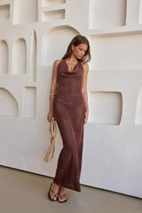 Flamingo Nights Halter Knit Maxi Dress Chocolate