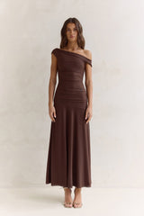Coffee And Wine Mesh Off Shoulder Maxi Dress Brown
