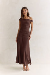 Coffee And Wine Mesh Off Shoulder Maxi Dress Brown
