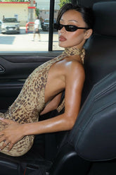 Leopard Halter Tie Back Asymmetrical Maxi Dress