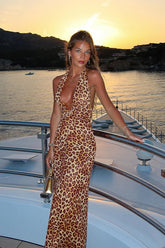 Backless Deep V Leopard Vacation Maxi Dress