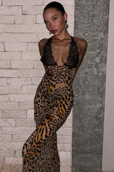 Lace Print Deep V Backless Cami Maxi Dress