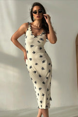 V-Neck Bow-Detail Spaghetti Strap Fitted Bodycon Maxi Dress