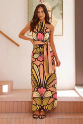 Floral Print Halter Belted Waist Maxi Dress