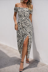 Zebra Print Off Shoulder Puff Sleeve Maxi Dress