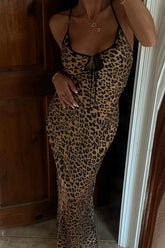 Leopard Off Shoulder Tie Back Maxi Dress