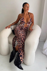 Sexy Leopard High Waist Backless Maxi Dress