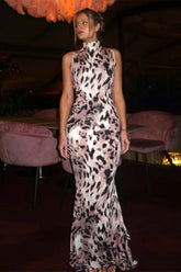 Leopard Print High Neck Backless Maxi Dress