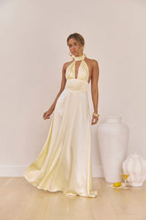 Hour Of Love Satin Halter Maxi Dress Yellow