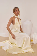 Hour Of Love Satin Halter Maxi Dress Yellow