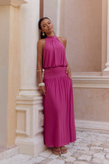 Camellia Mesh Halter Maxi Dress Magenta