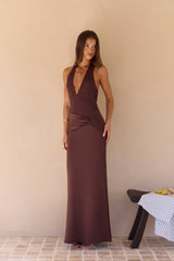 Seaside Glow Halter Maxi Dress Brown