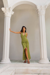 Different Paths Halter Maxi Dress Olive