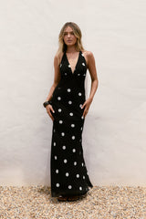Dancing Stars Polka Dot Halter Maxi Dress Black