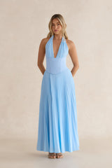 Paradise Falls Plisse Halter Maxi Dress Light Blue