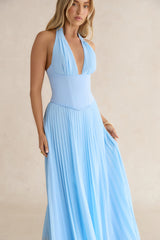 Paradise Falls Plisse Halter Maxi Dress Light Blue