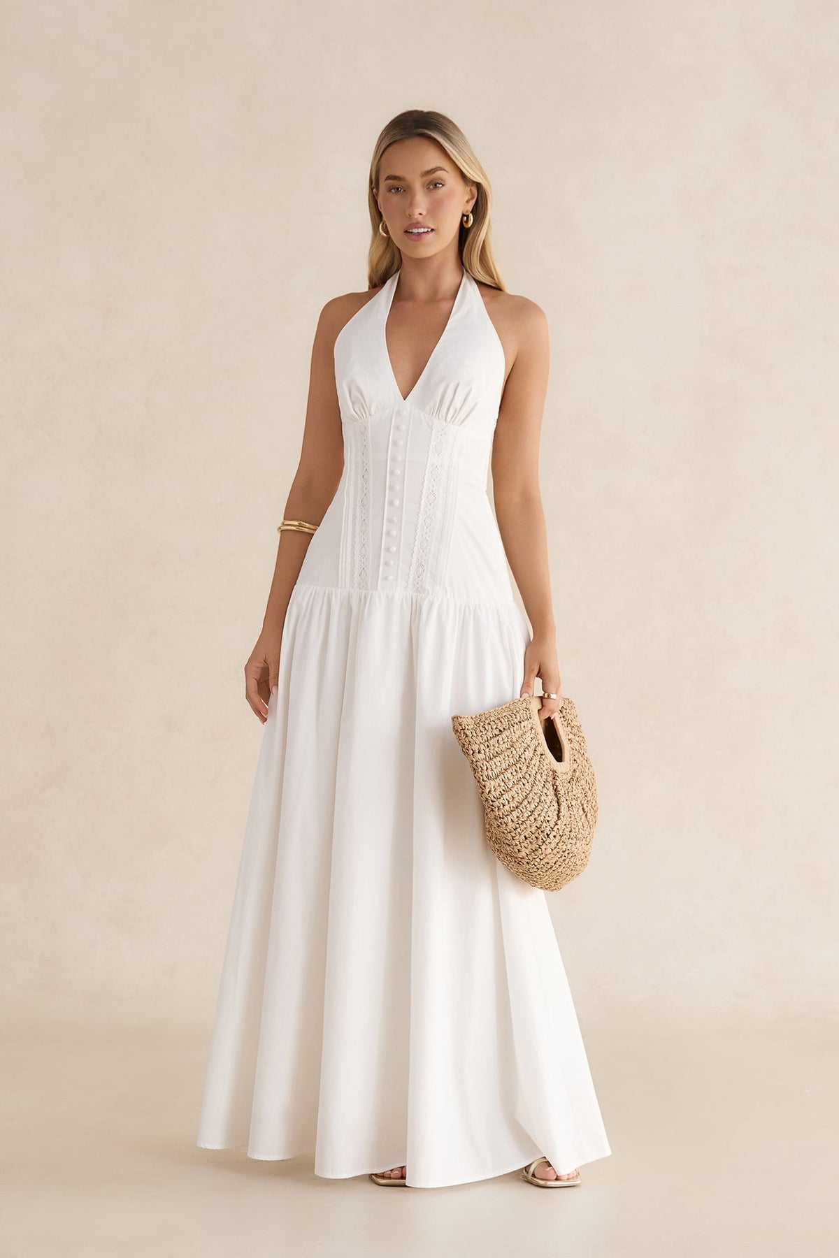 Seaside Gleam Halter Maxi Dress White