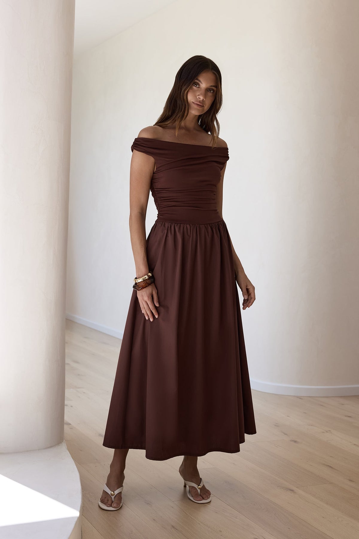 Days Of The Sun Off Shoulder Maxi Dress Chocolate