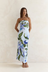 Bells Of Spring Satin Strapless Maxi Dress Blue