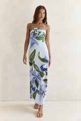 Bells Of Spring Satin Strapless Maxi Dress Blue