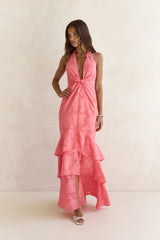 Heartbeat Haze Halter Maxi Dress Coral Orange