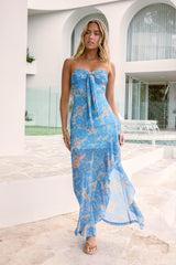 Chasing Petals Mesh Strapless Maxi Dress Blue