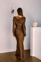 Cross The Skies Satin Long Sleeve Maxi Dress Brown