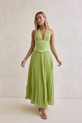 Paradise Falls Plisse Halter Maxi Dress Lime Green