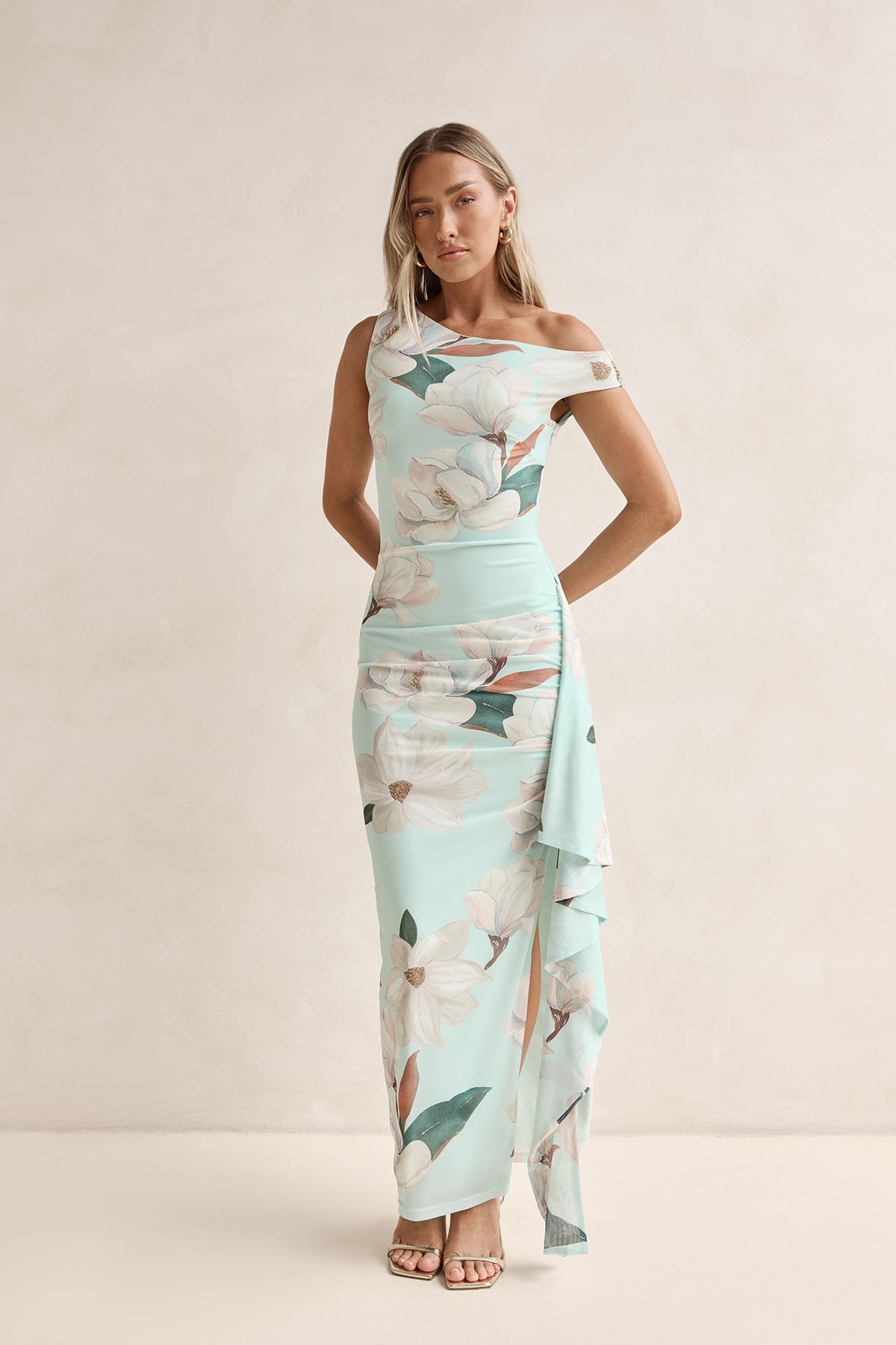 Case Of Flowers Off Shoulder Mesh Maxi Dress Mint