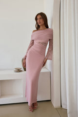 Camille Off Shoulder Mesh Maxi Dress Pink