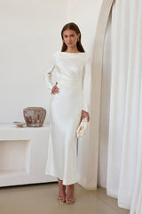 Cross The Skies Satin Long Sleeve Maxi Dress White