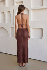 Flamingo Nights Halter Knit Maxi Dress Chocolate