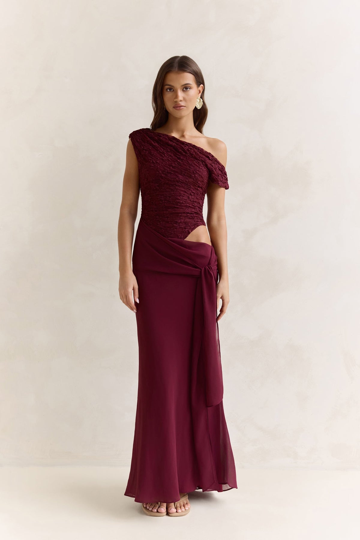 Modernity Mesh Off Shoulder Maxi Dress Burgundy