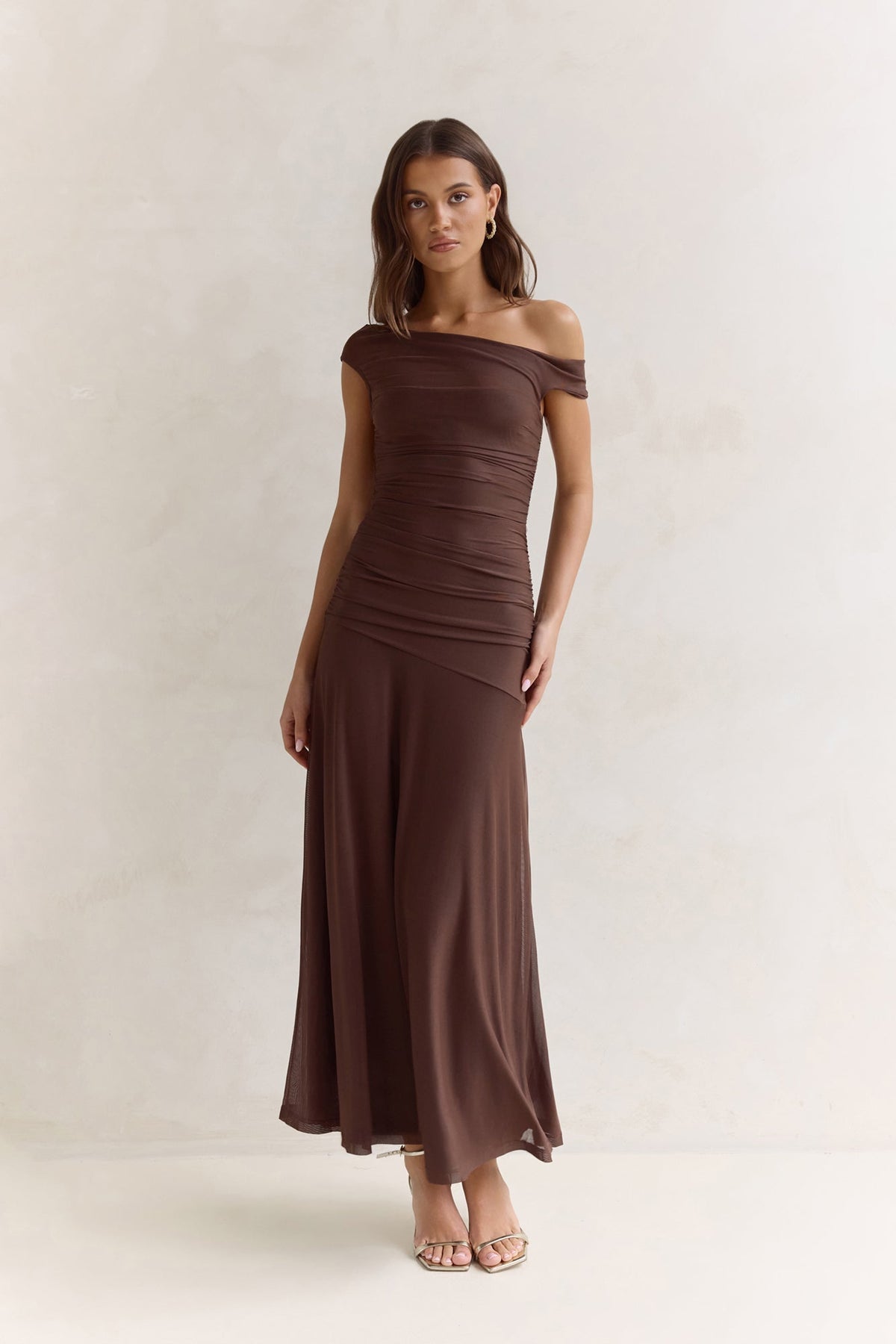 Coffee And Wine Mesh Off Shoulder Maxi Dress Brown