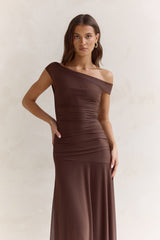 Coffee And Wine Mesh Off Shoulder Maxi Dress Brown