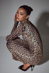 Elegant Leopard Mock Neck Bodycon Maxi Dress