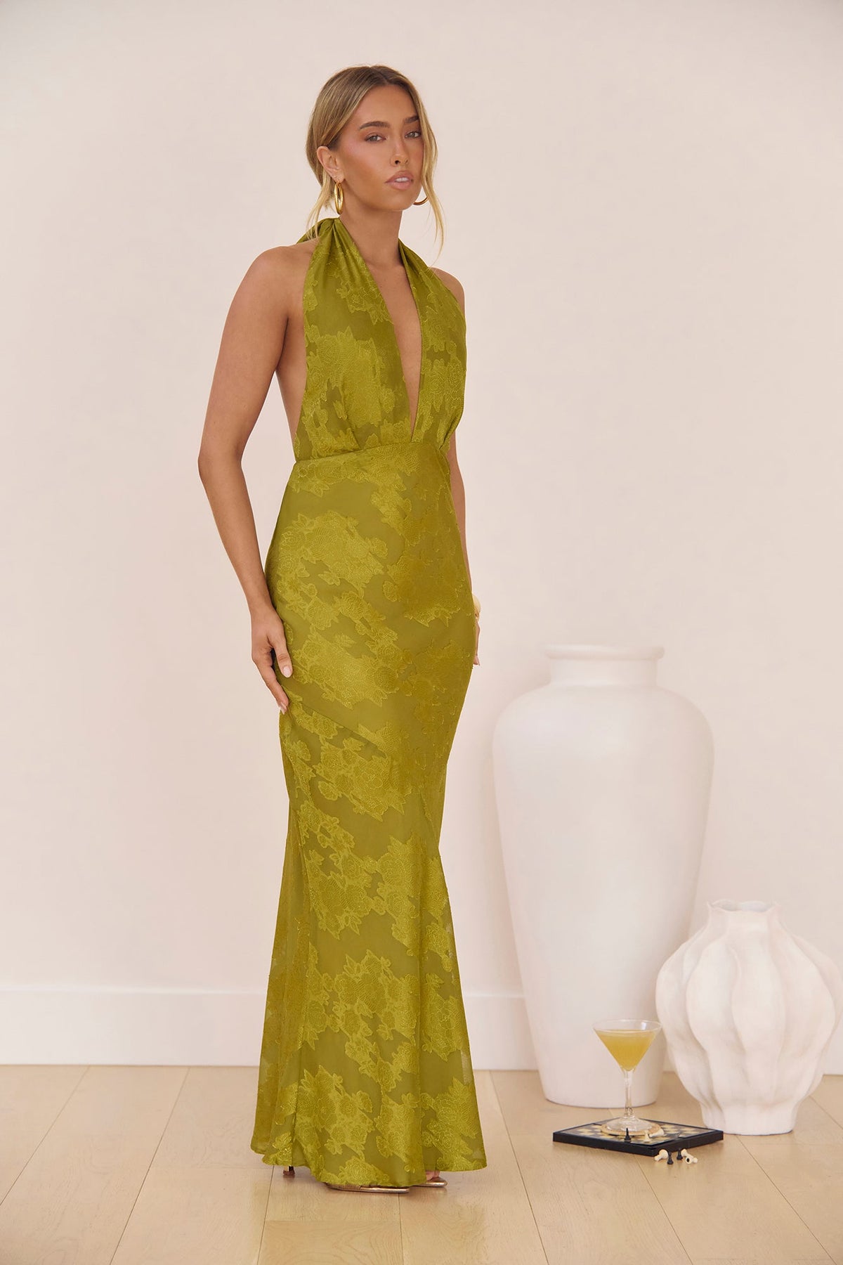 Soft Serenade Halter Maxi Dress Olive
