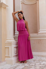 Camellia Mesh Halter Maxi Dress Magenta