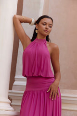 Camellia Mesh Halter Maxi Dress Magenta