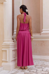 Camellia Mesh Halter Maxi Dress Magenta