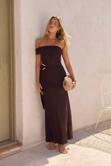 Heart For You One Shoulder Mesh Maxi Dress Brown
