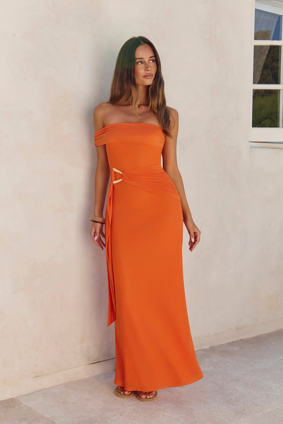 Heart For You One Shoulder Mesh Maxi Dress Orange